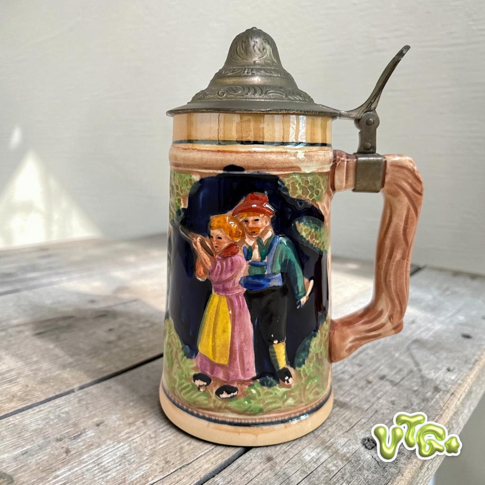 VINTAGE MCM German Lidded Beer Stein Cobalt Blue Bavarian Couple‎ Pewter Lid Mug